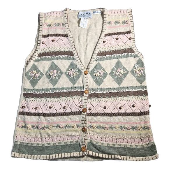 Vintage Jantzen Sweater Vest Women's M Embroidered With Wooden Buttons & Beading - Picture 1 of 12